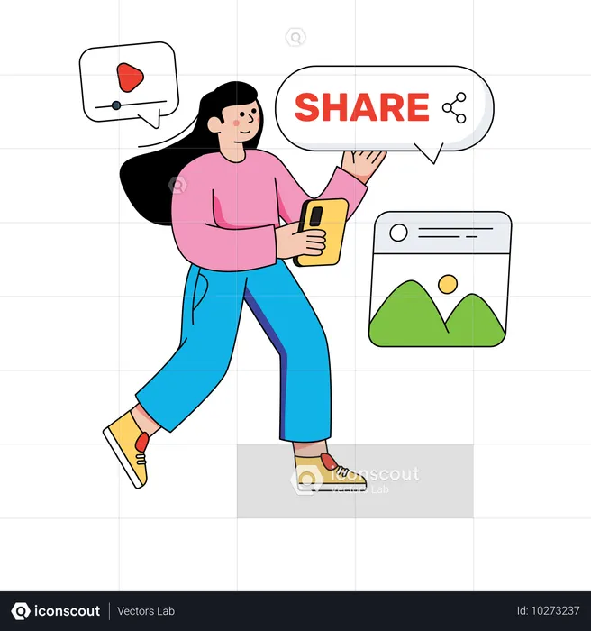 Mulher compartilhando vídeo de marketing social  Ilustração