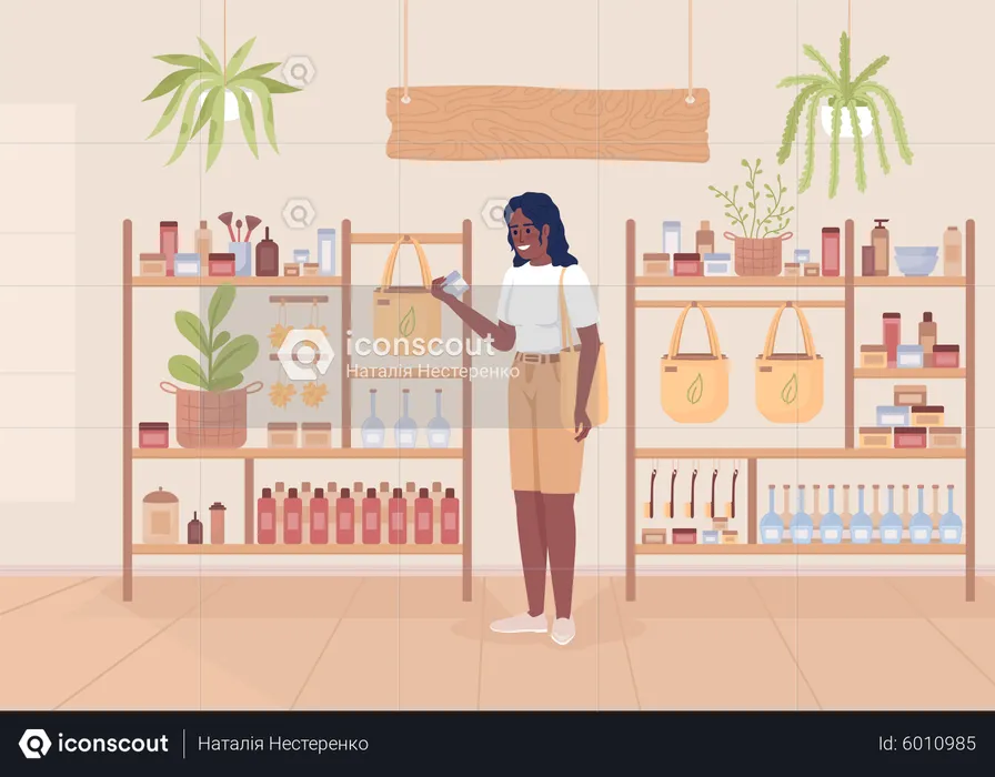 Mulher comprando cosméticos ecológicos  Ilustração