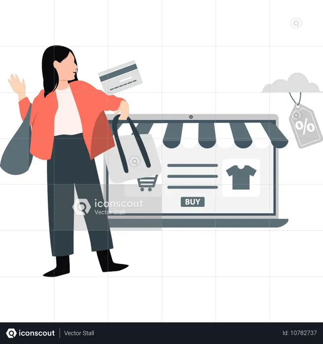 Mulher comprando em mercado online  Ilustração