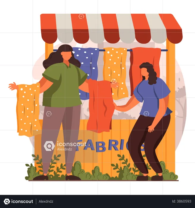 Mulher comprando roupas em loja de tecidos de rua  Ilustração