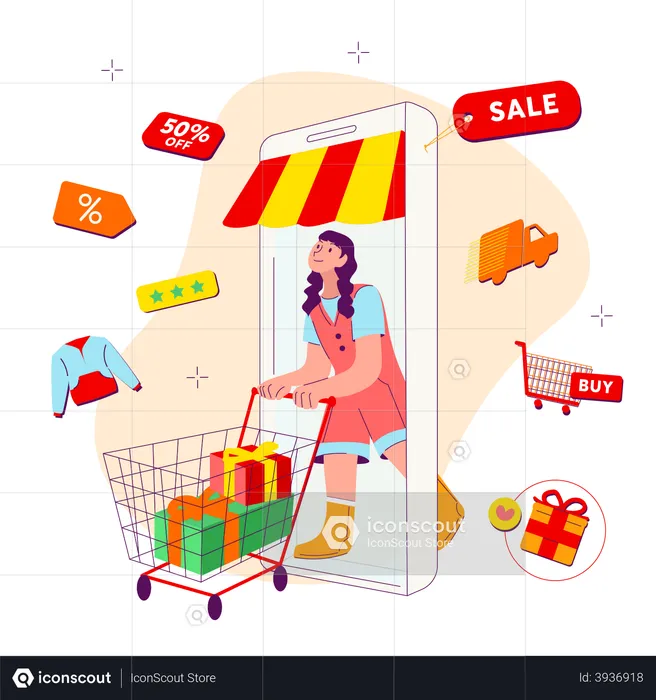 Mulher fazendo compras usando aplicativo móvel  Ilustração