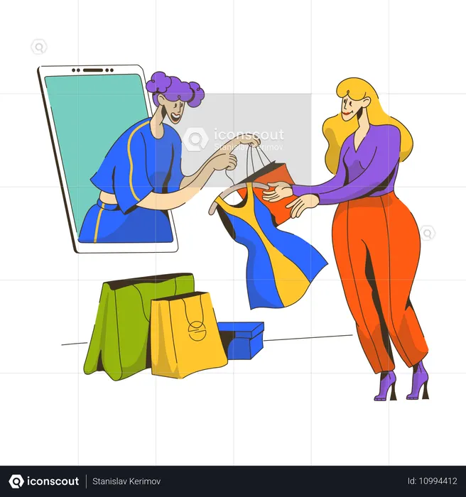 Mulher comprou muitas coisas em loja online  Ilustração