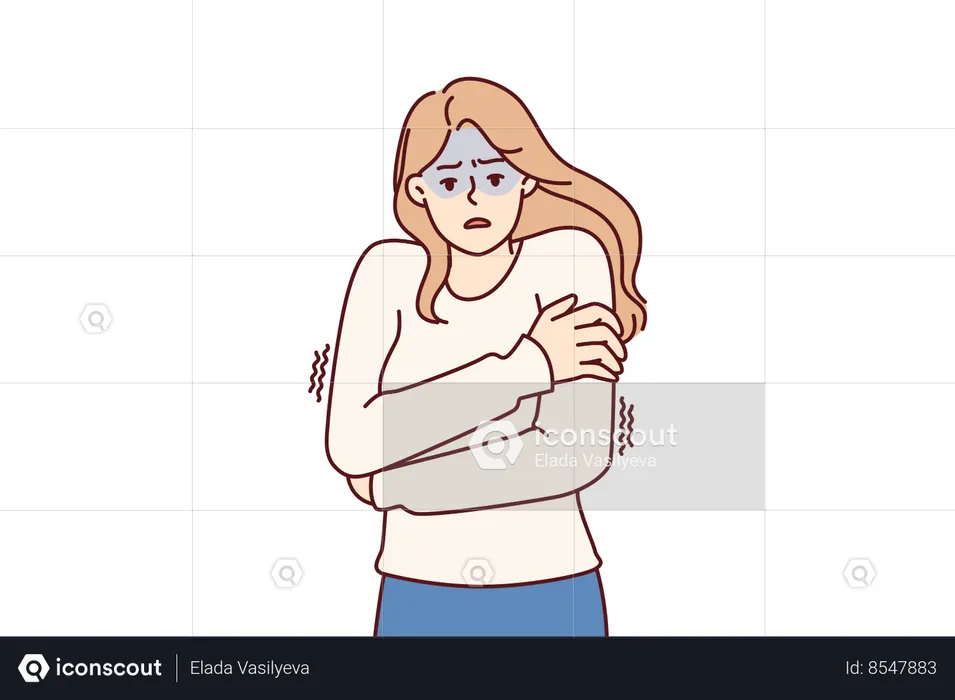 Mulher congelando, abraçando os ombros, tentando se manter aquecida e sentindo calafrios após contrair gripe  Ilustração