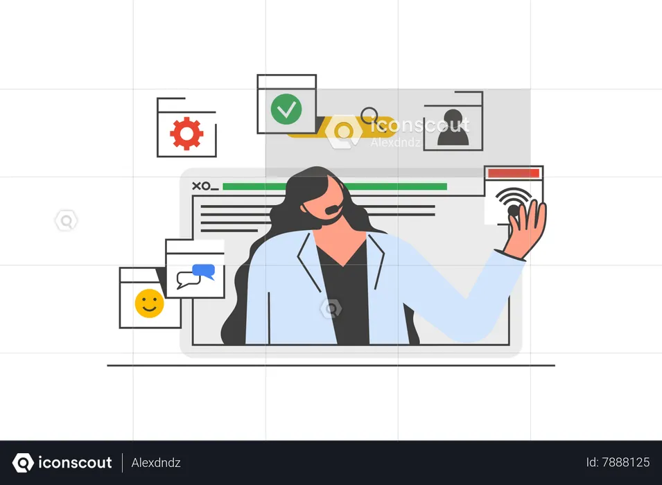 Mulher consultando clientes e ajudando-os online  Ilustração