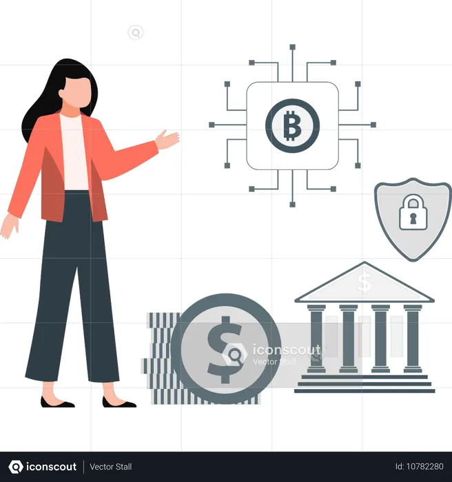Mulher falando sobre rede bitcoin  Ilustração