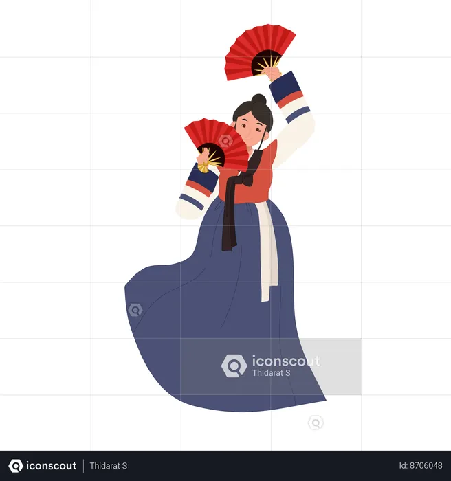 Mulher coreana em hanbok realizando dança tradicional de leque  Ilustração