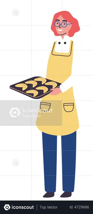 Cozinheira de mulher segurando a bandeja de croissants  Ilustração