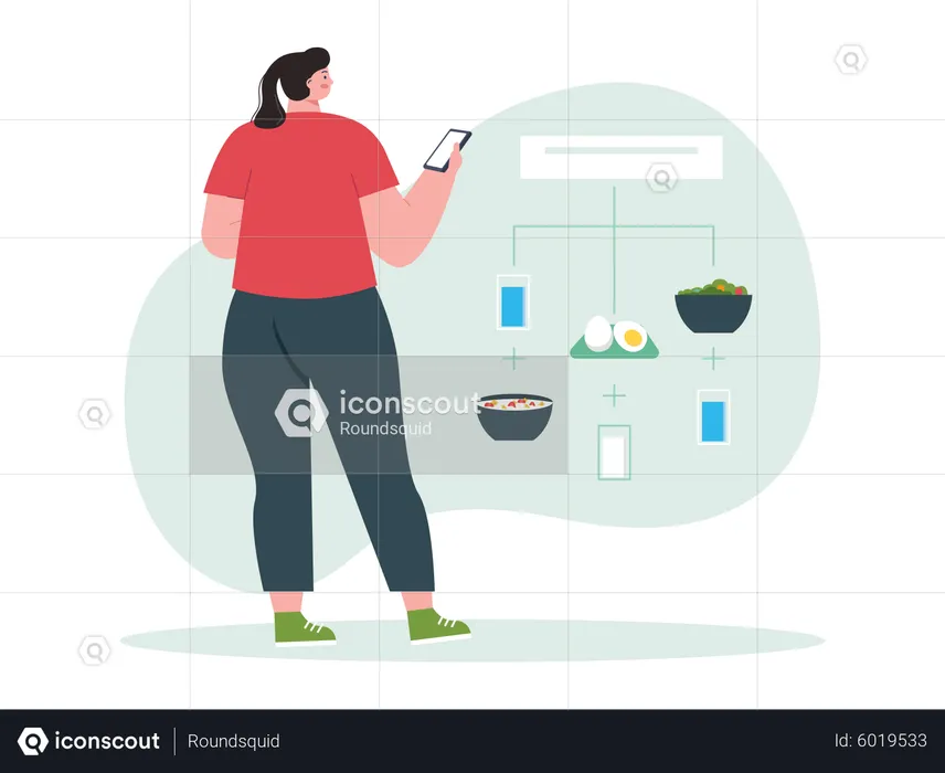 Mulher criando uma rotina de dieta usando aplicativo móvel  Ilustração