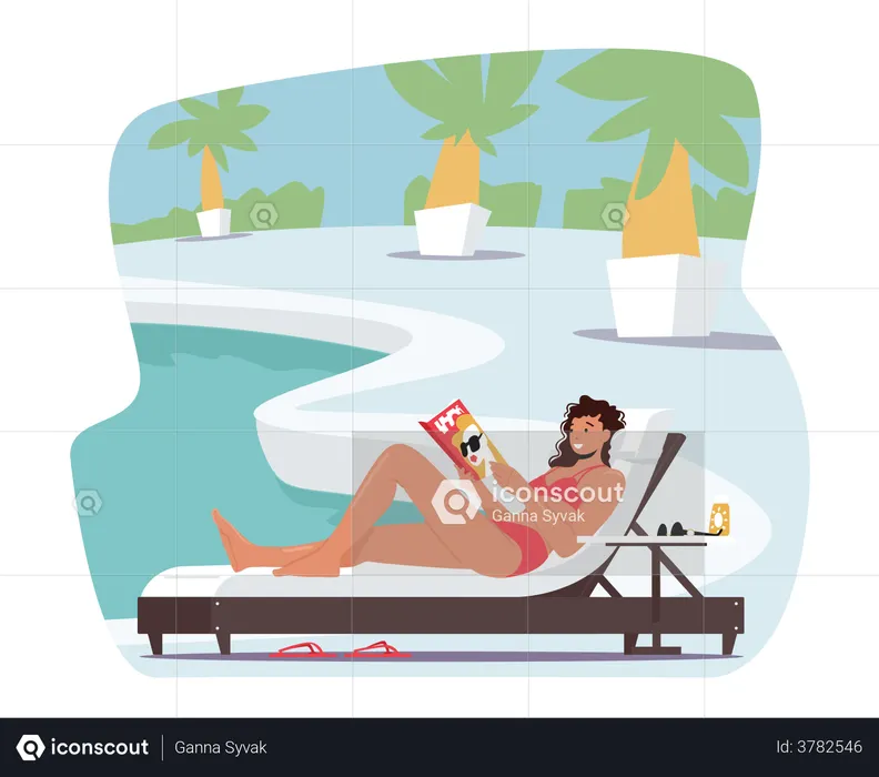 Mulher de biquíni sentada em uma espreguiçadeira à beira da piscina ou na praia lendo um livro interessante  Ilustração