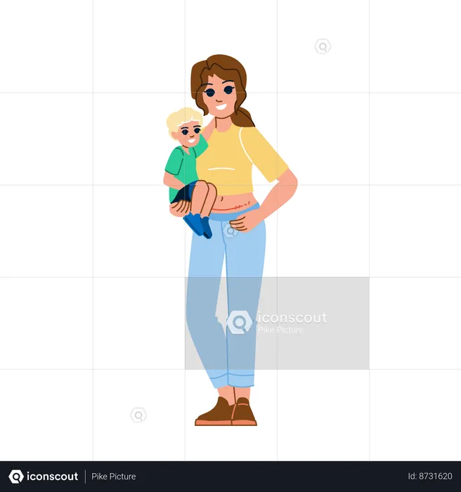 Mulher de cesariana está segurando seu bebê  Ilustração