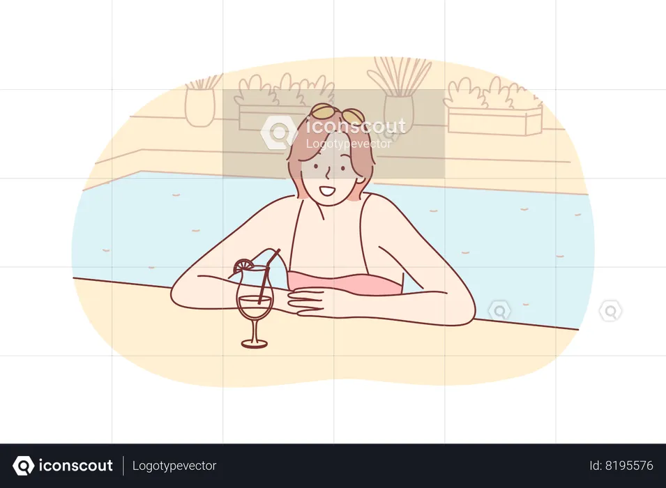 Mulher de férias descansando na piscina do hotel com coquetel  Ilustração