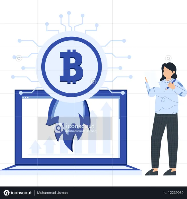 Mulher de negócios impulsionando o bitcoin  Ilustração