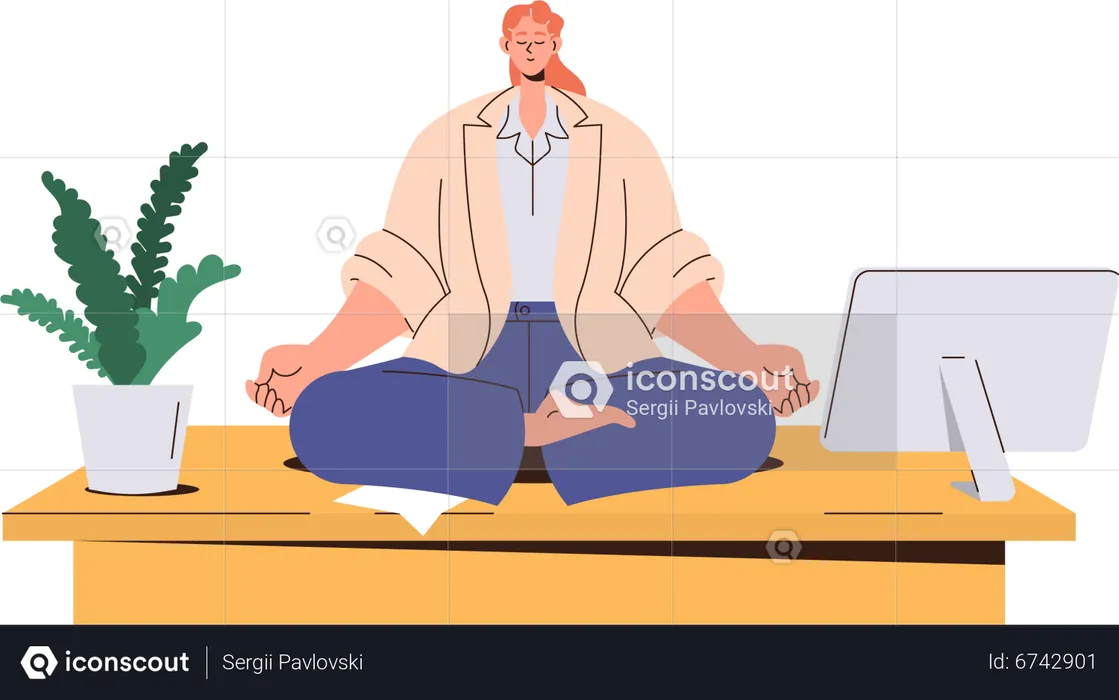 Mulher de negócios meditando em posição de lótus durante o intervalo do trabalho para se acalmar  Ilustração