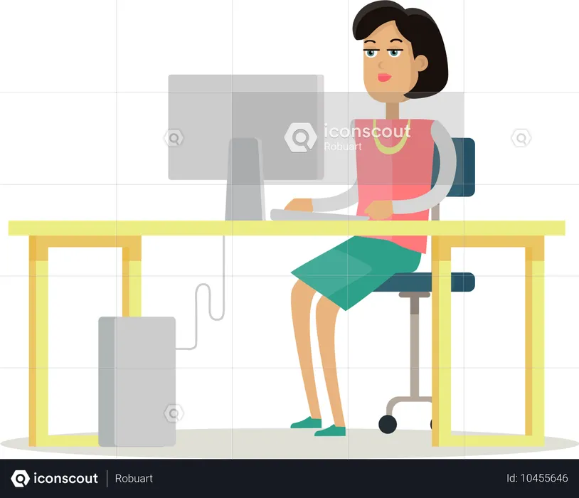 Mulher de negócios trabalha em seu desktop  Ilustração