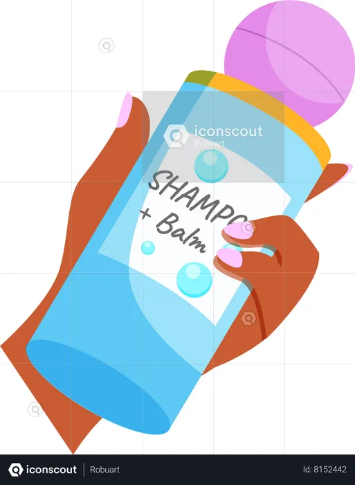Mão feminina segurando uma garrafa com shampoo e bálsamo  Ilustração