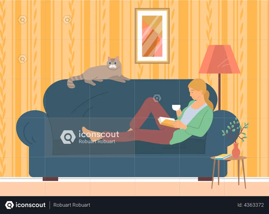 Mulher deitada no sofá com um livro interessante  Ilustração