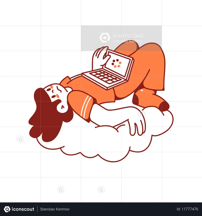 Mulher descansando na nuvem enquanto seu laptop faz download  Ilustração