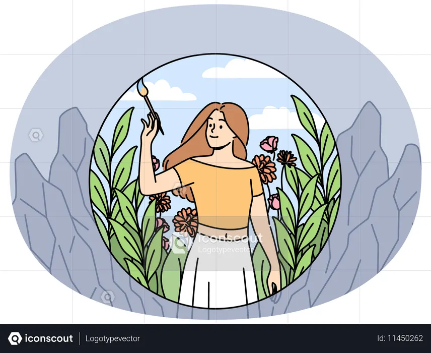 Mulher desenhando a bela natureza ao redor e criando condições favoráveis  Ilustração