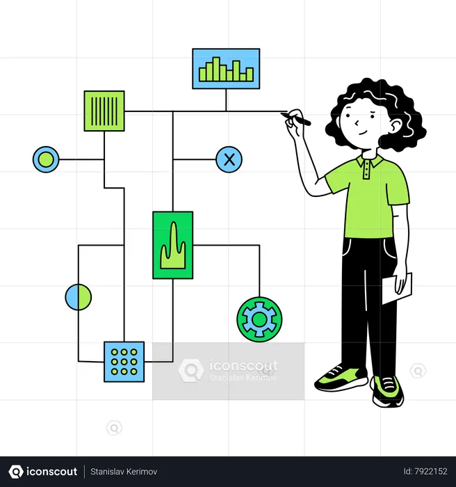 Mulher desenhou diagrama de blocos do projeto  Ilustração