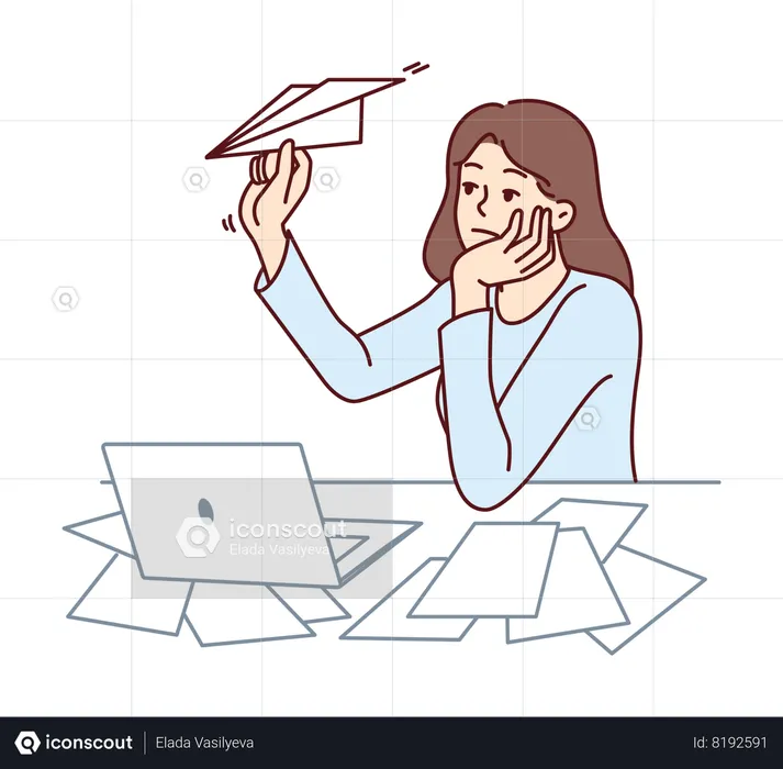 Freelancer de mulher desmotivada sentada na mesa do escritório com laptop e lançando aviões de papel  Ilustração