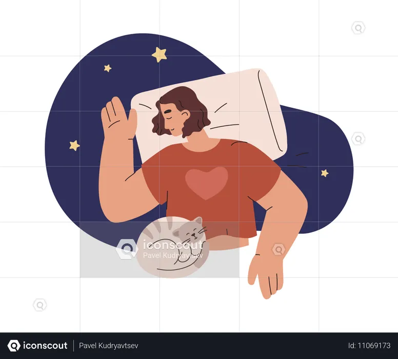 Mulher dorme com gato  Ilustração