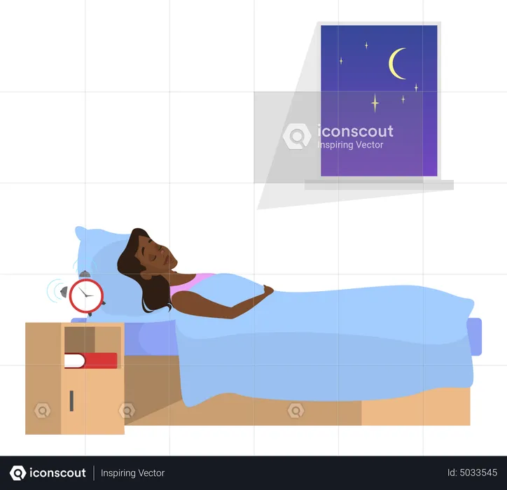 Mulher dorme na cama à noite  Ilustração