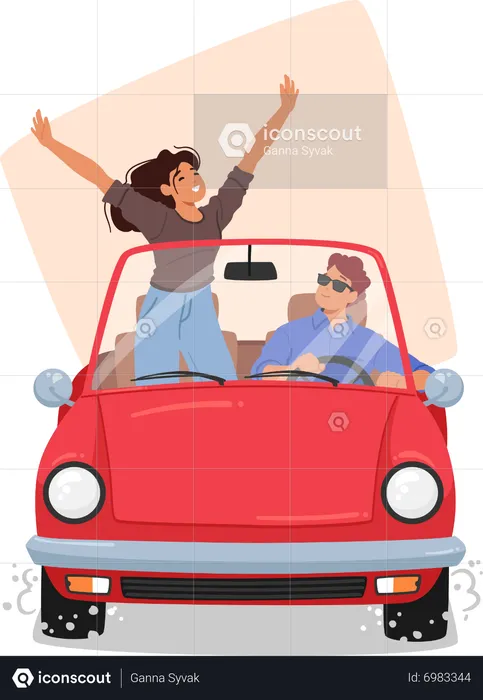 Mulher e parceiro viajando de carro  Ilustração