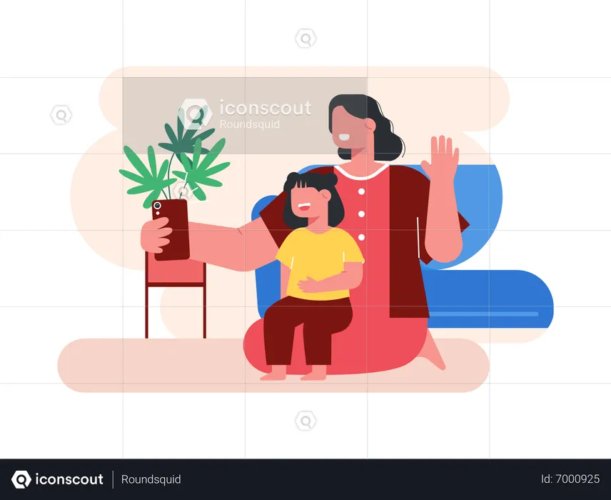 Mulher e filha tirando selfie  Ilustração