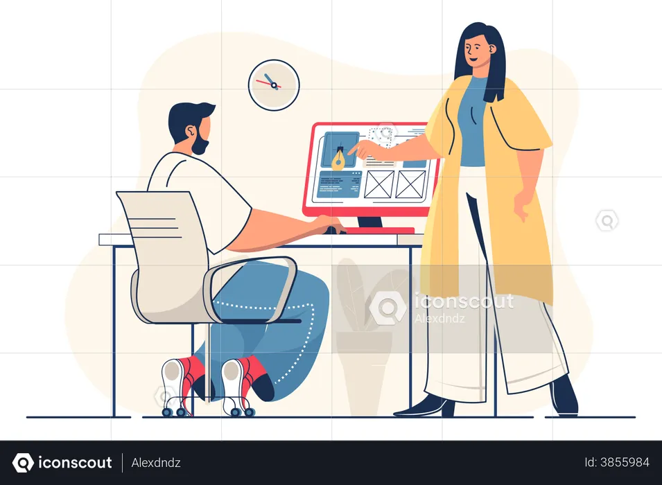 Equipe de designers de mulheres e homens criam layout de site  Ilustração