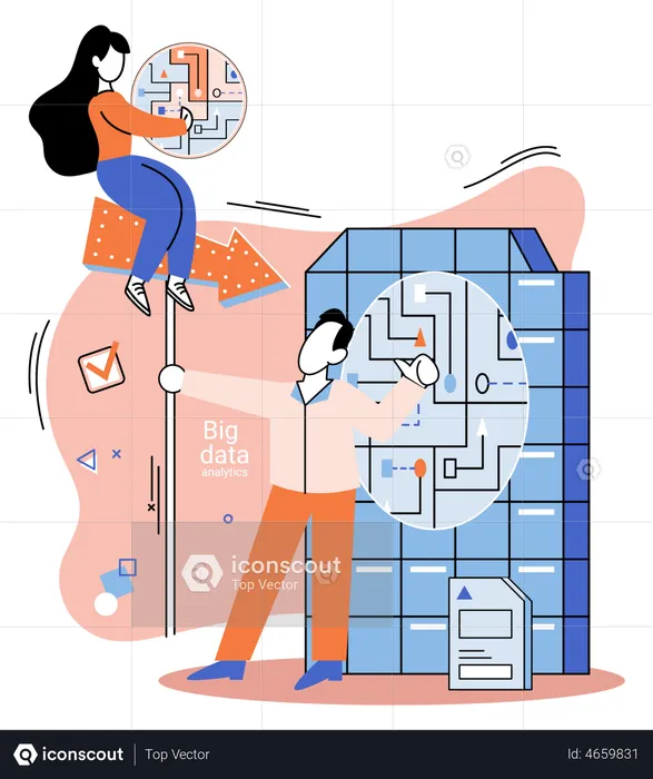 Mulher e homem trabalham em análise de big data  Ilustração