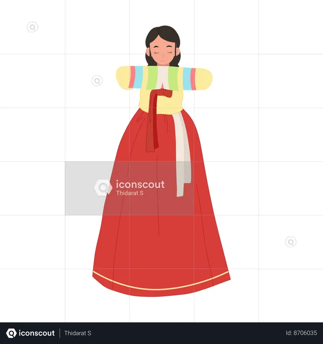 Mulher em hanbok coreano cumprimentando pessoas  Ilustração