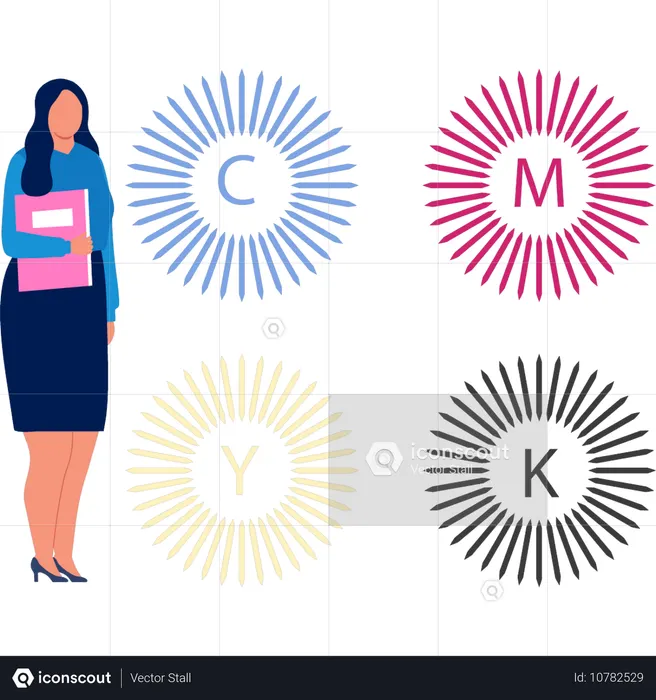 Mulher parada perto de modelo de impressão colorida  Ilustração