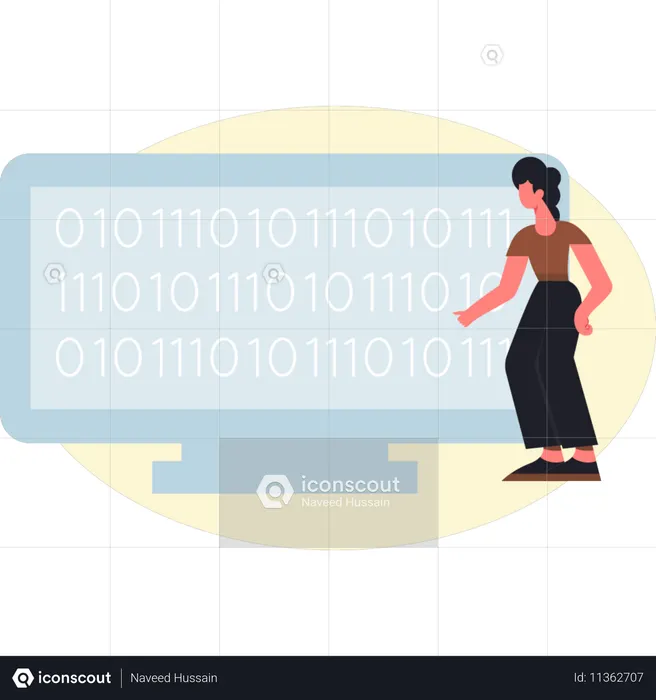 Mulher em pé perto do monitor codificando  Ilustração