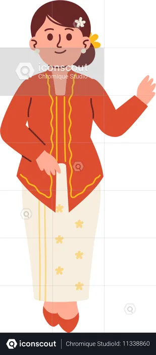 Mulher em traje Kebaya dizendo oi  Ilustração