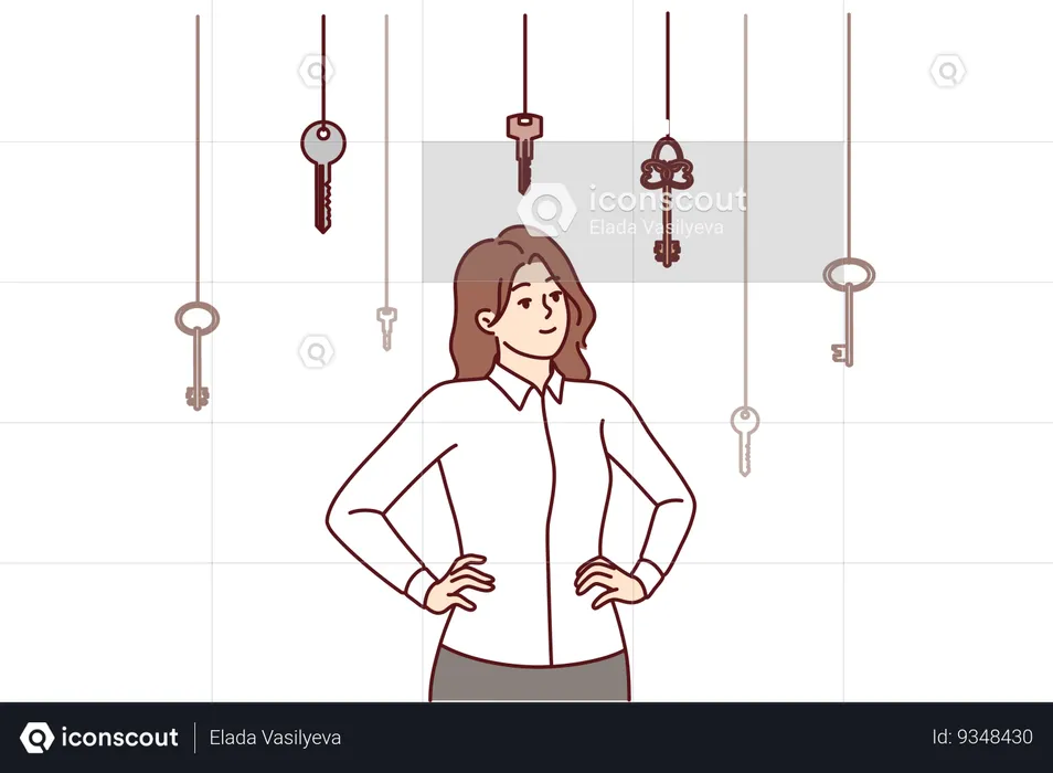 Mulher de negócios faz escolha entre chaves penduradas, simbolizando diferentes maneiras de resolver problemas  Ilustração