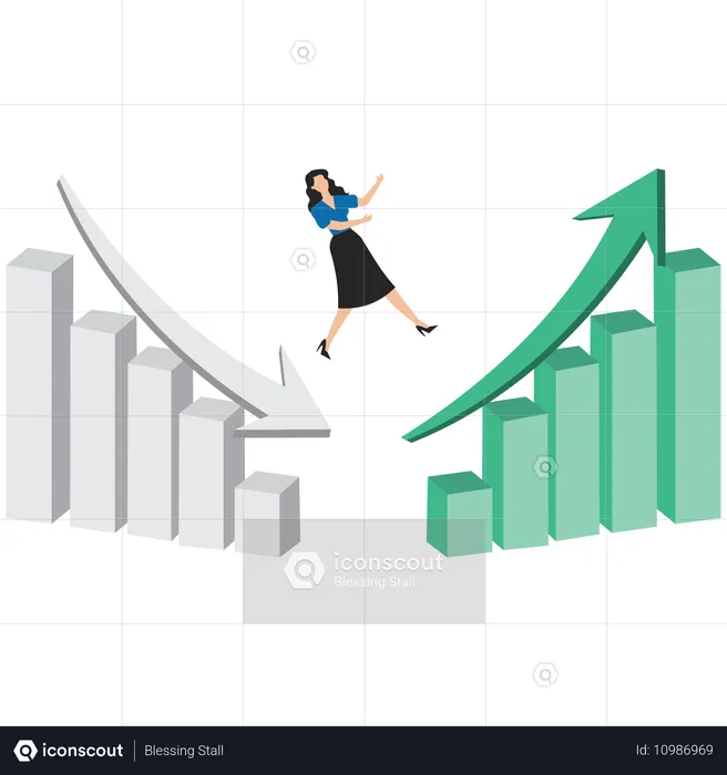 Mulher de negócios inteligente passando do gráfico vermelho de declínio para o gráfico de crescimento empresarial  Ilustração