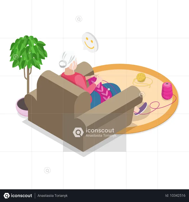 Mulher idosa tricotando em casa  Ilustração