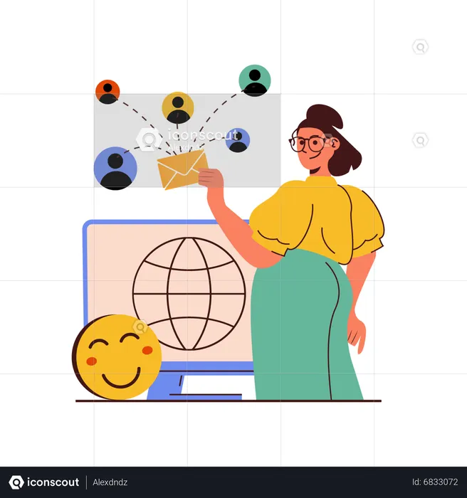 Mulher enviando e-mail na rede social  Ilustração