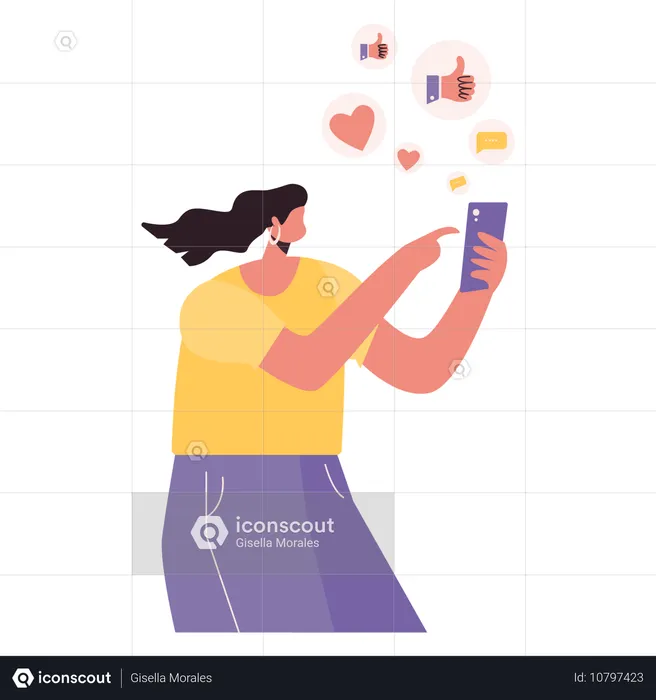 Mulher enviando mensagens de amor pelo celular  Ilustração