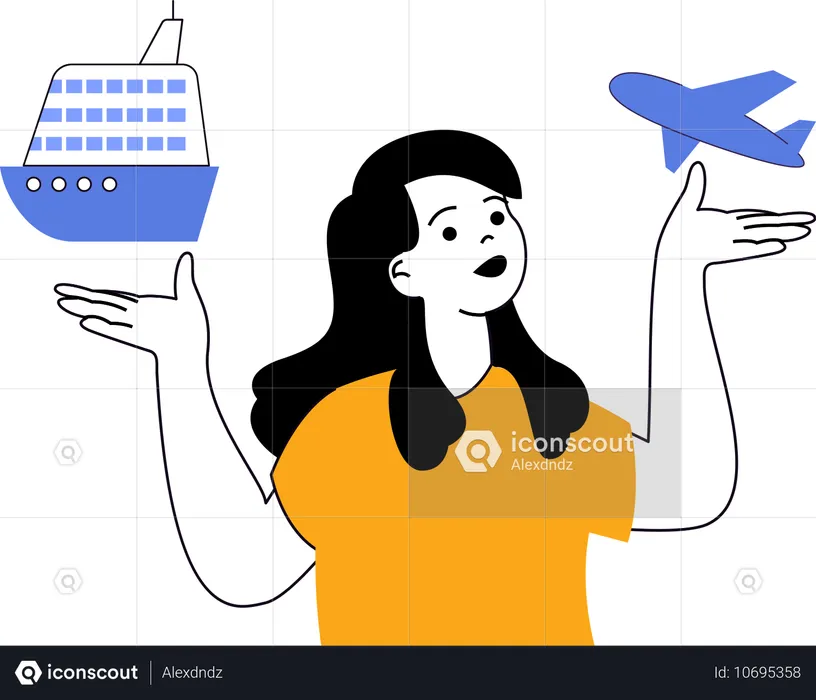 Mulher escolhe avião e navio  Ilustração