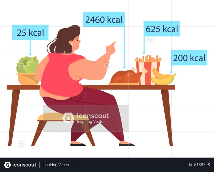 Mulher escolhe entre comida saudável e junk food  Ilustração