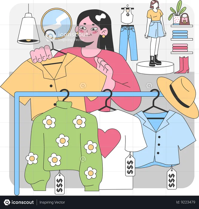 Mulher escolhendo camiseta na loja  Ilustração