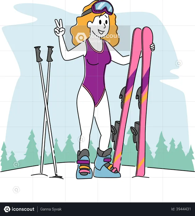 Mulher esquiando nas montanhas  Ilustração