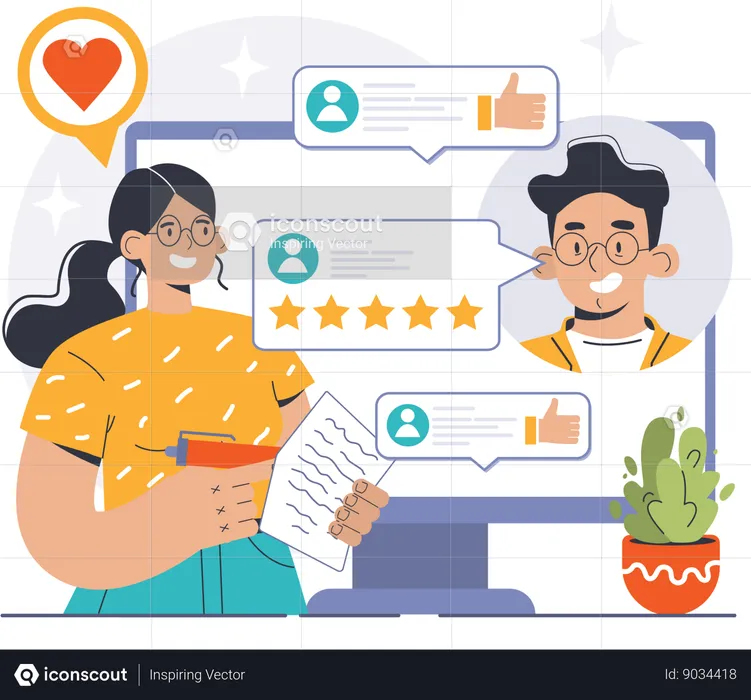 A mulher está analisando o feedback do cliente  Ilustração