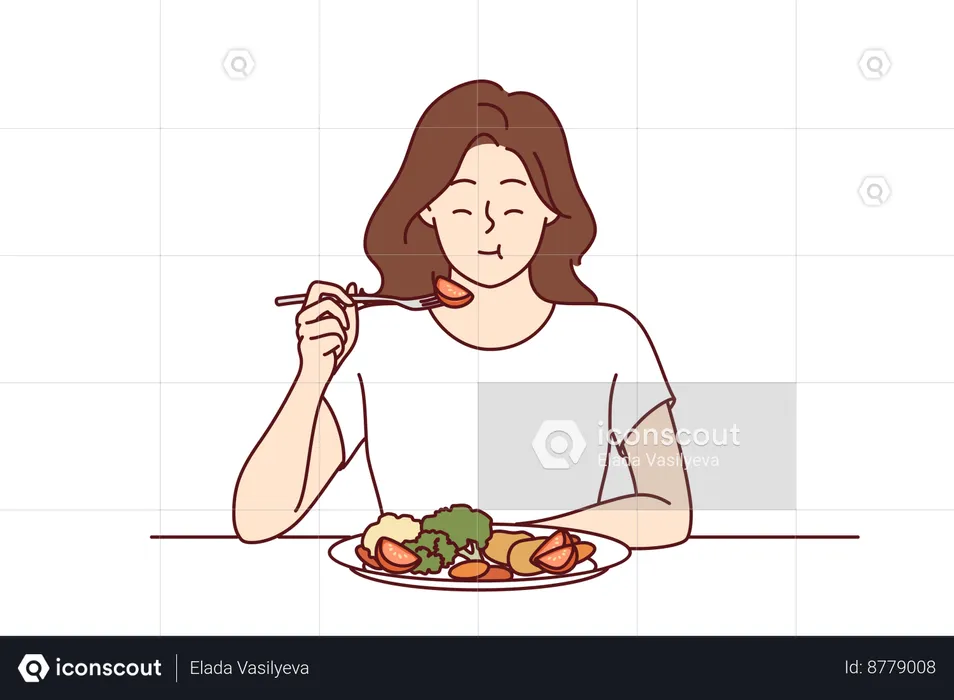 Mulher está comendo refeição dietética  Ilustração