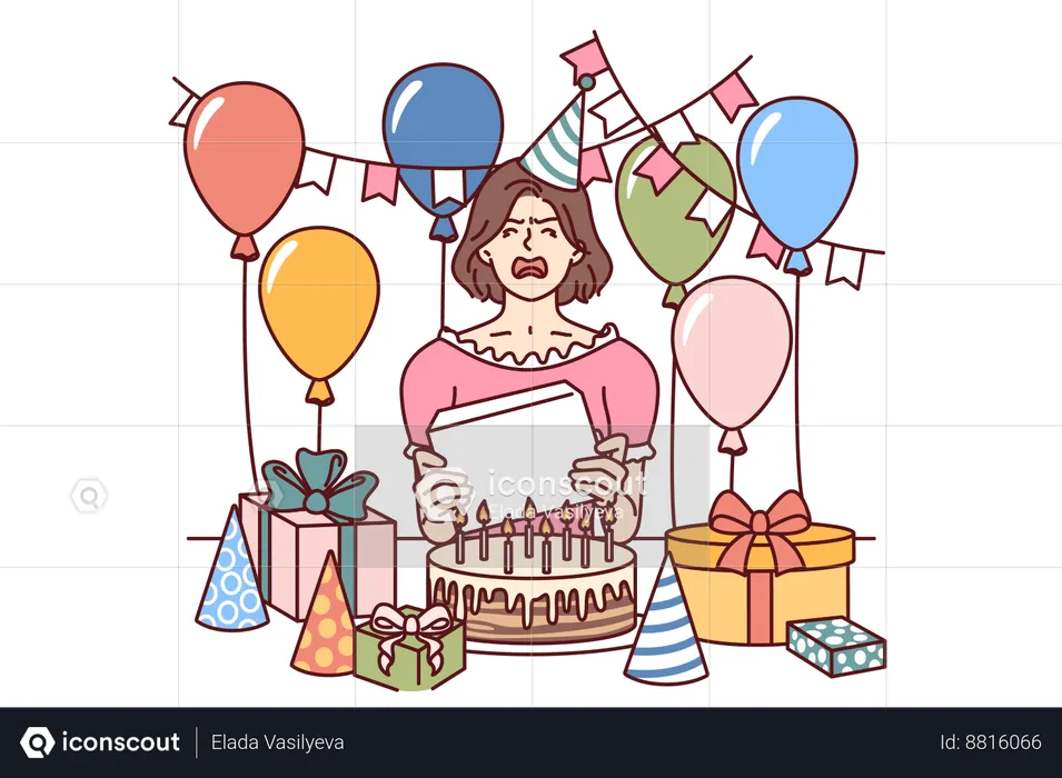 Mulher está infeliz em seu aniversário  Ilustração