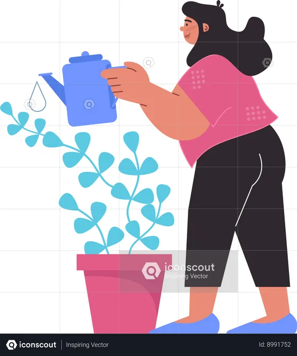 A mulher está regando plantas  Ilustração