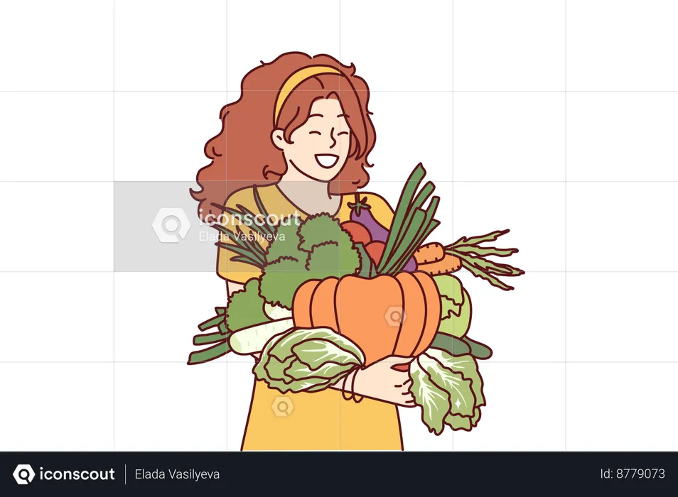 Mulher está segurando uma cesta de legumes  Ilustração