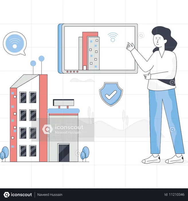 Mulher está verificando rede em prédio  Ilustração