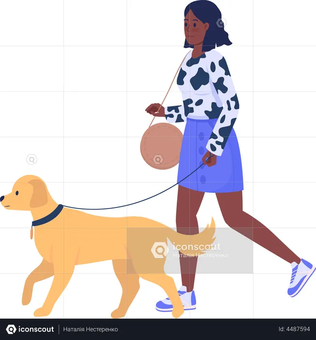 Mulher estilosa passeando com cachorro na rua  Ilustração